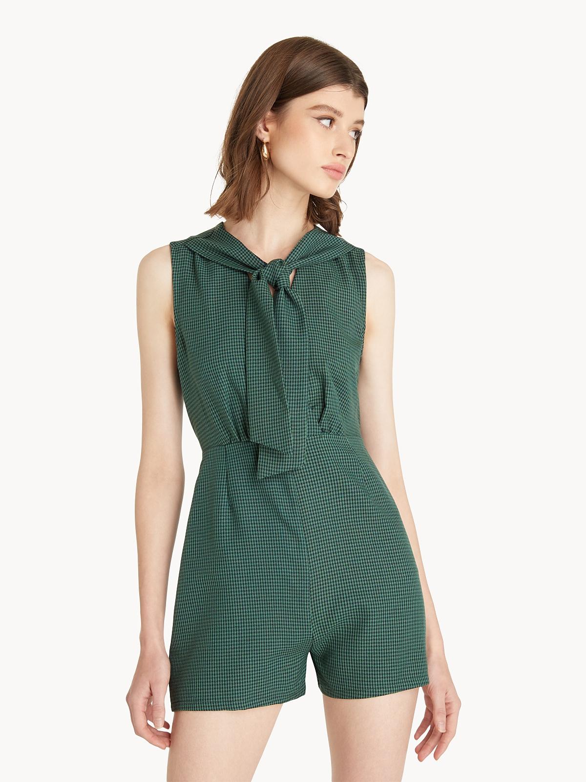 Tie Neck Gingham Romper - Green