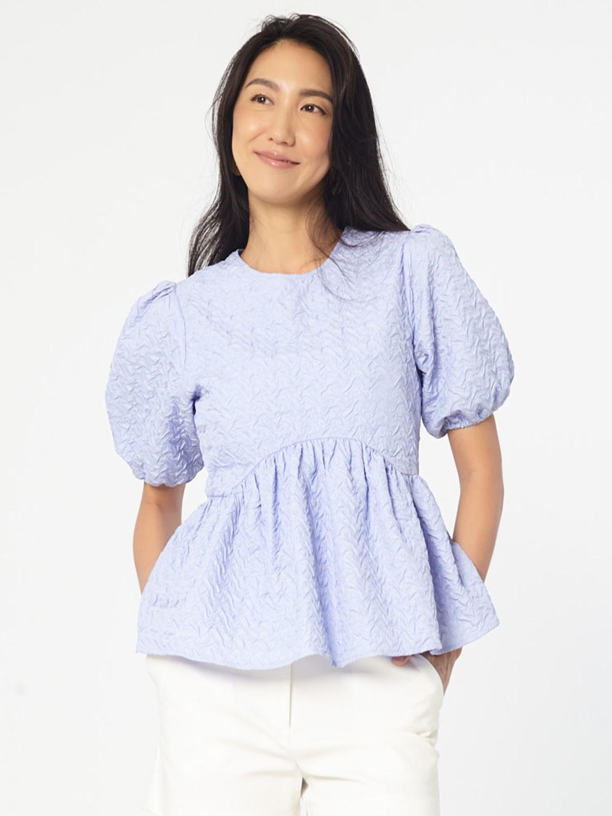 Round Neck Top With Puffy Short Sleeves - Lilac