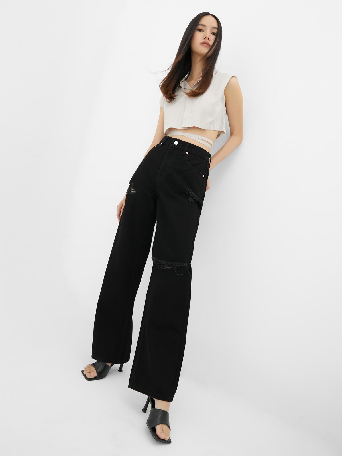 Wide Leg Ripped Jeans - Black