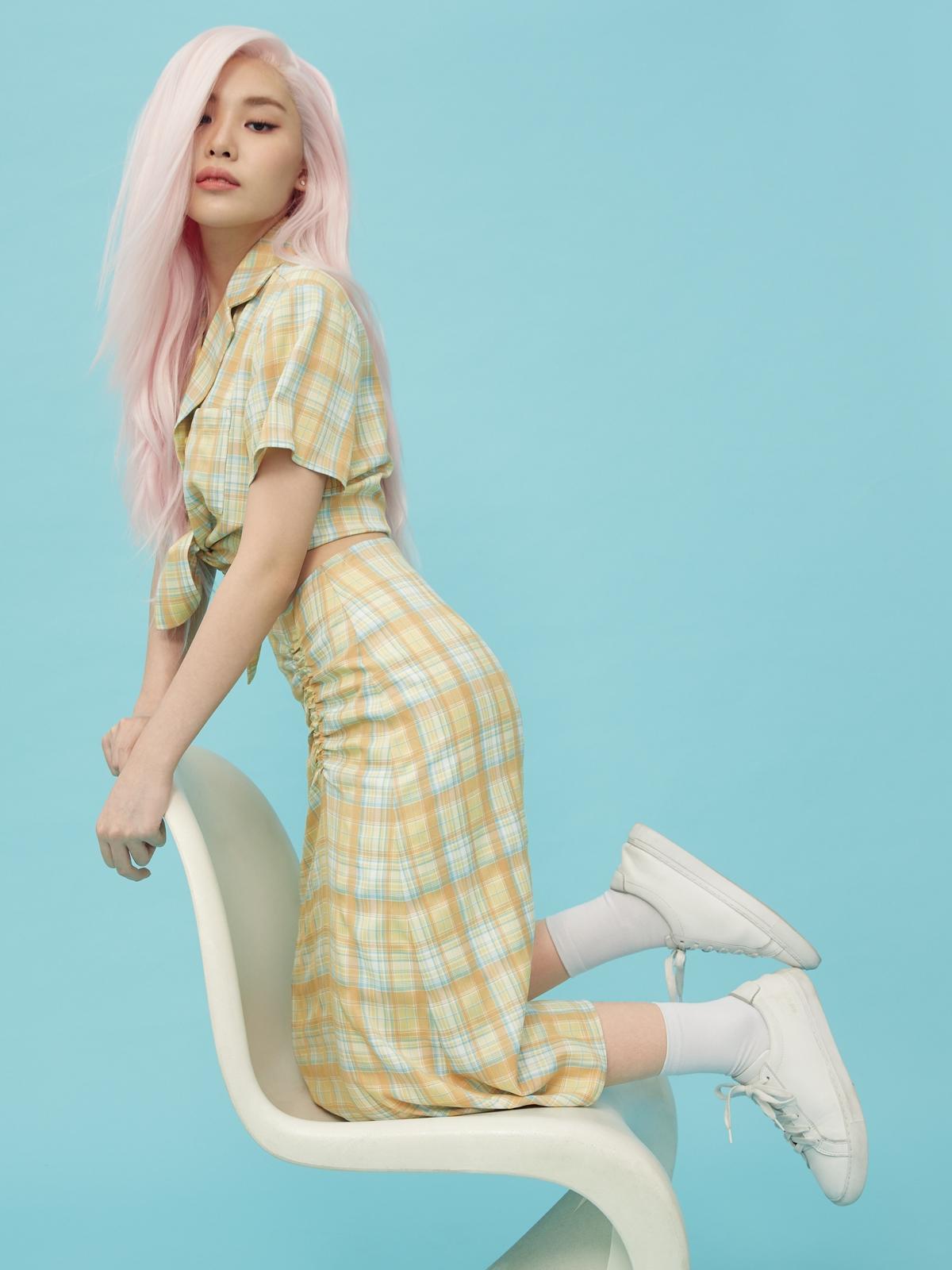 Side Ruched Plaid Skirt - Yellow