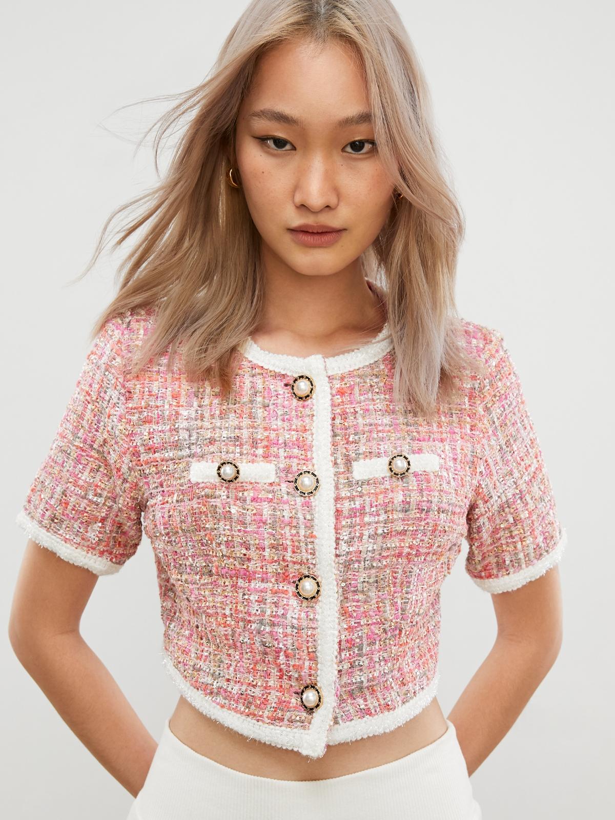 Tweed Button Up Top - Pink
