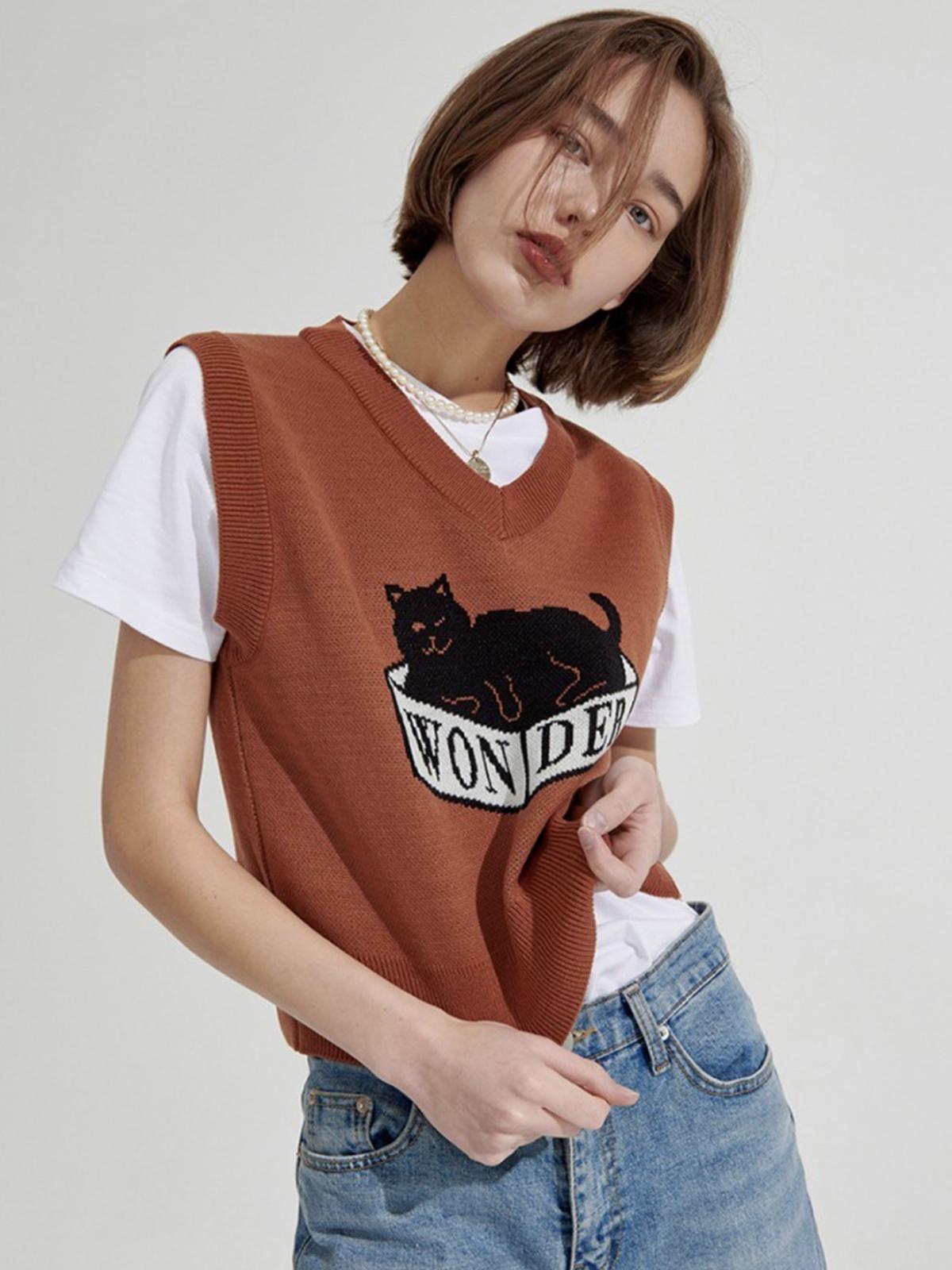 Wonder Visitor x Box Cat Knit Vest - Brown