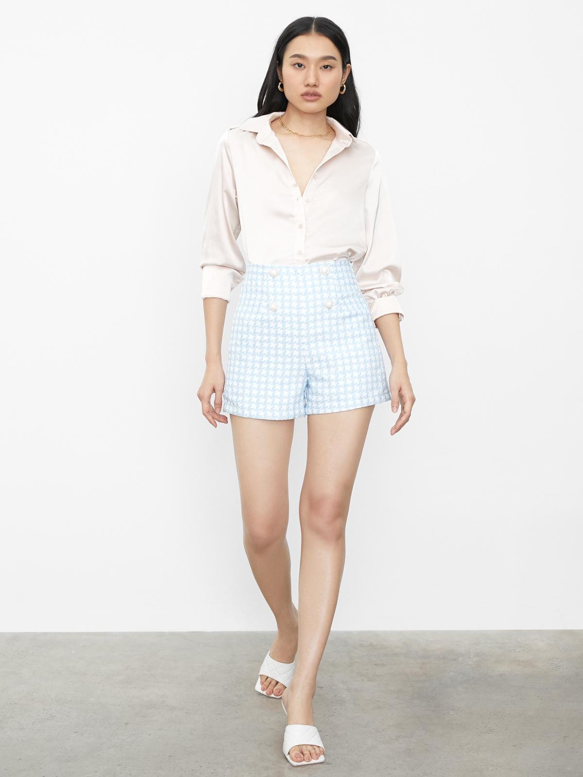 Houndstooth High Waist Shorts - Light Blue