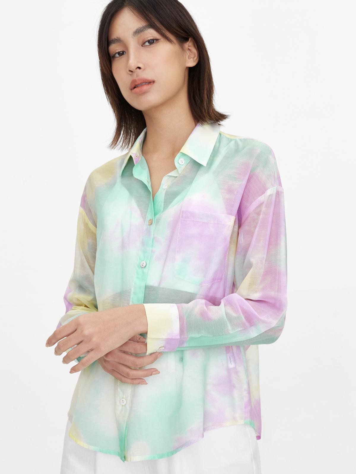 Sheer Front Pocket Tie Dye Shirt - Yellow