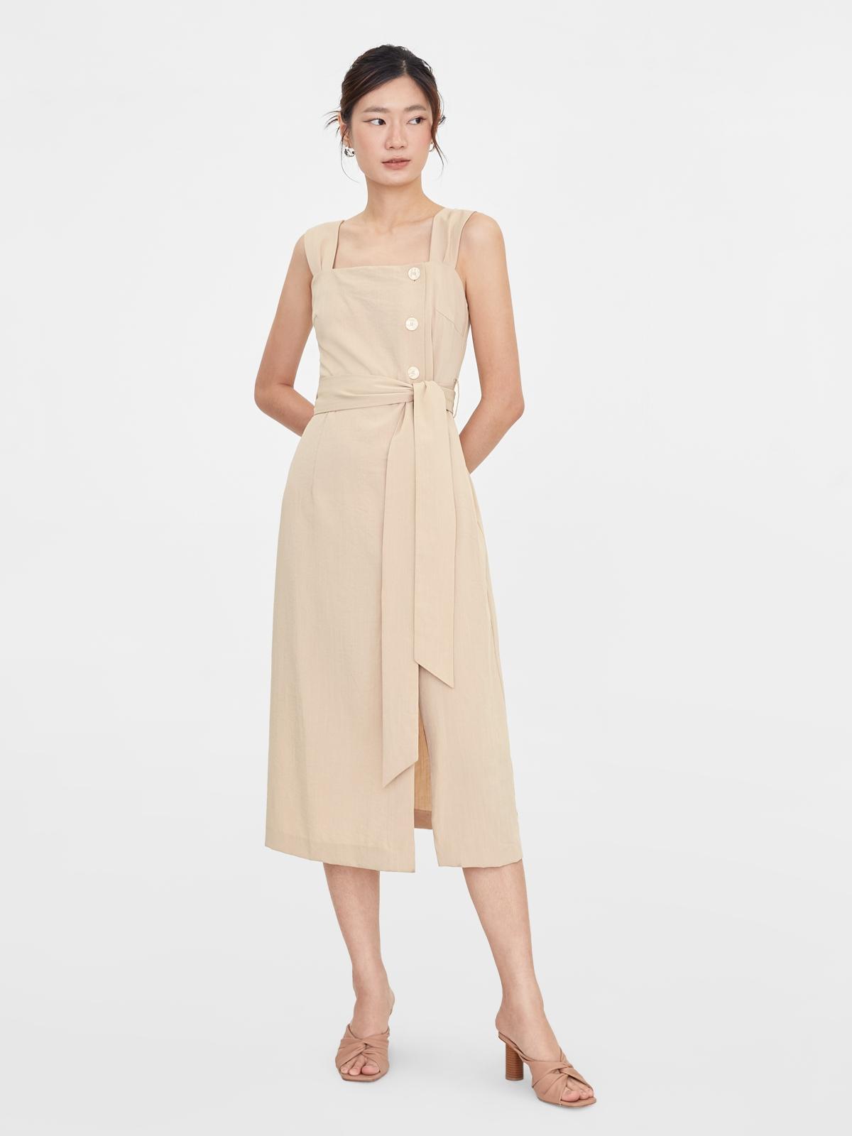 Square Neck Side Button Sleeveless Dress - Cream