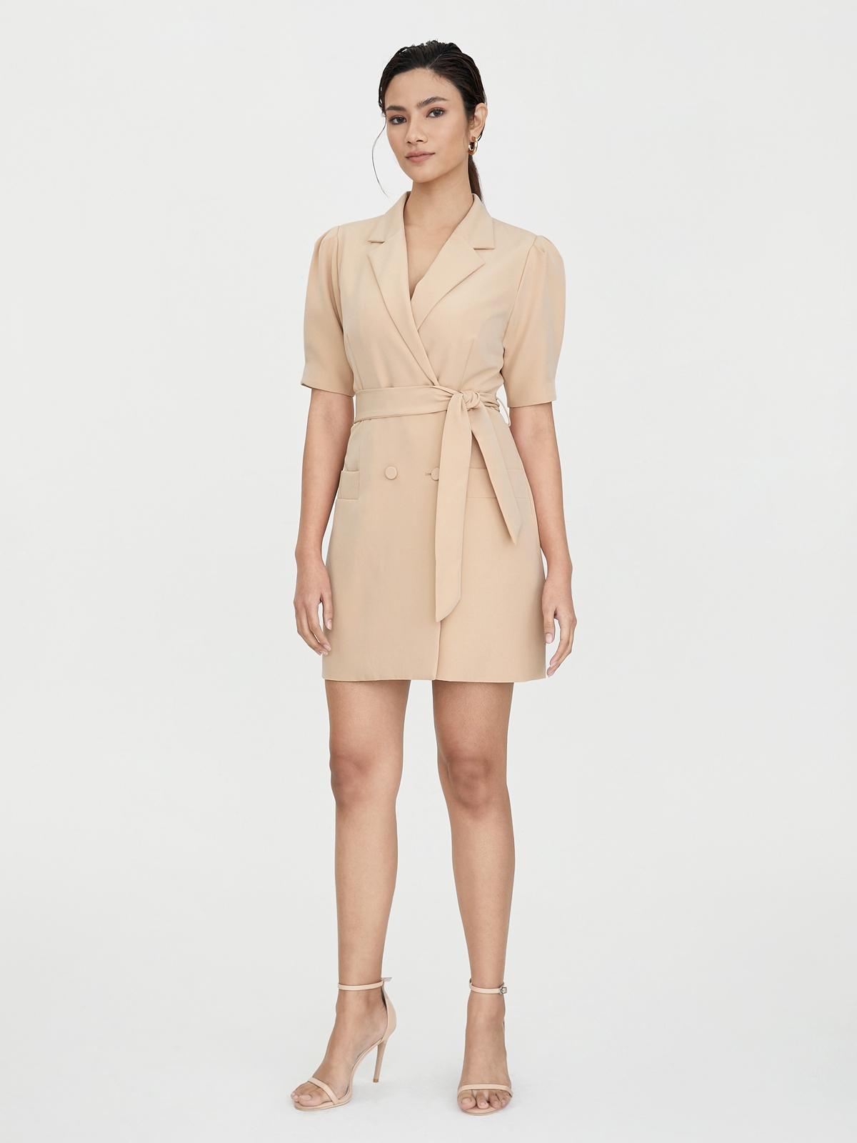 Double Breasted Tie Waist Dress - Beige