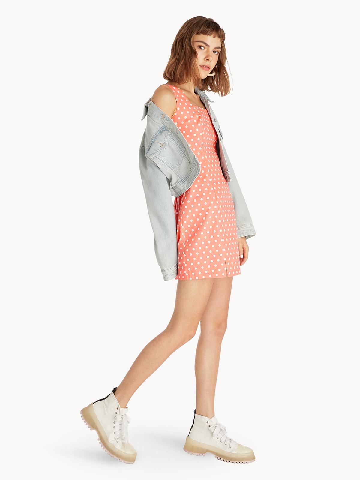 Mini Polka Dot Square Neck Dress - Orange