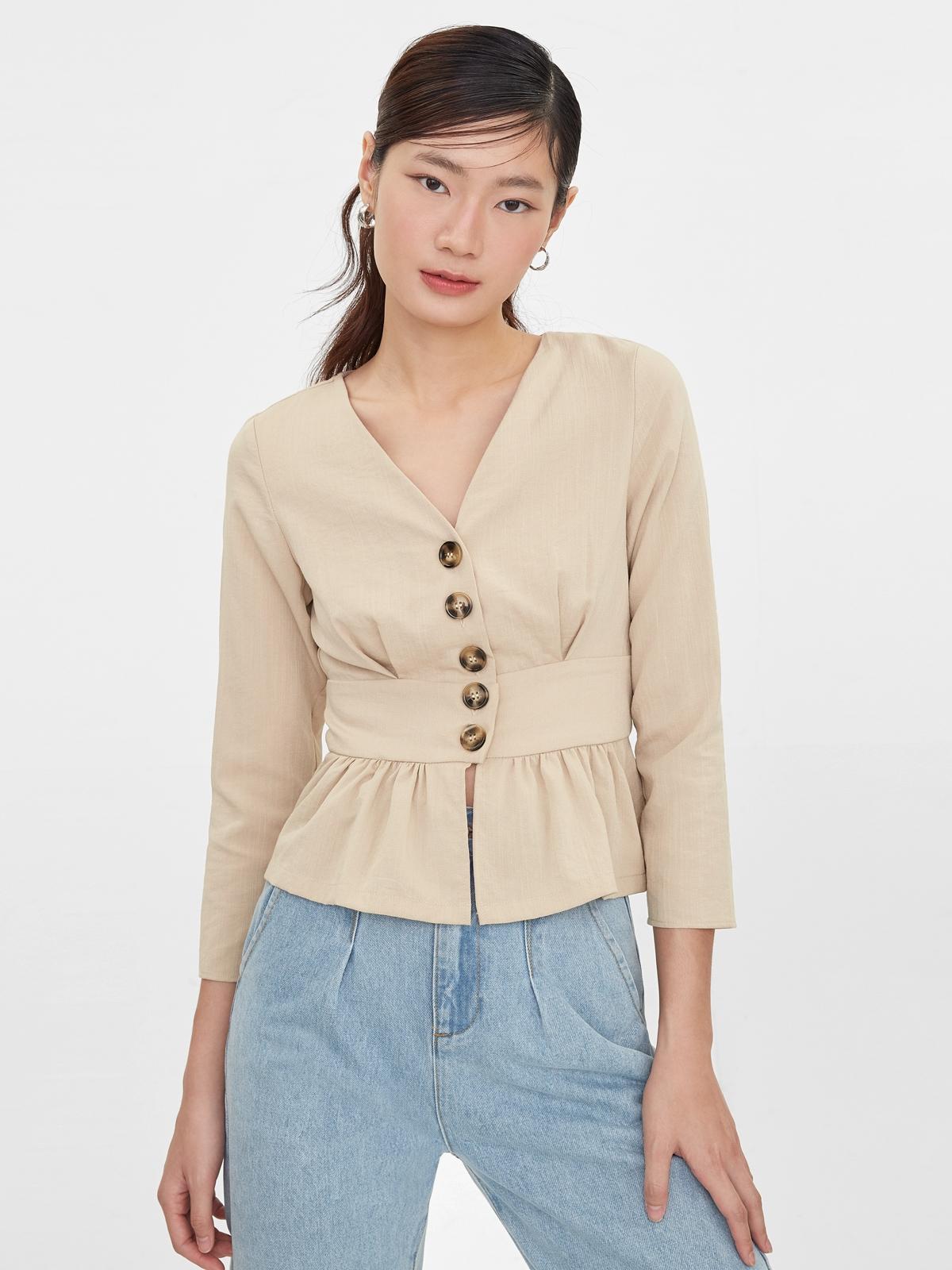 Tortoise Button Peplum Blouse - Beige