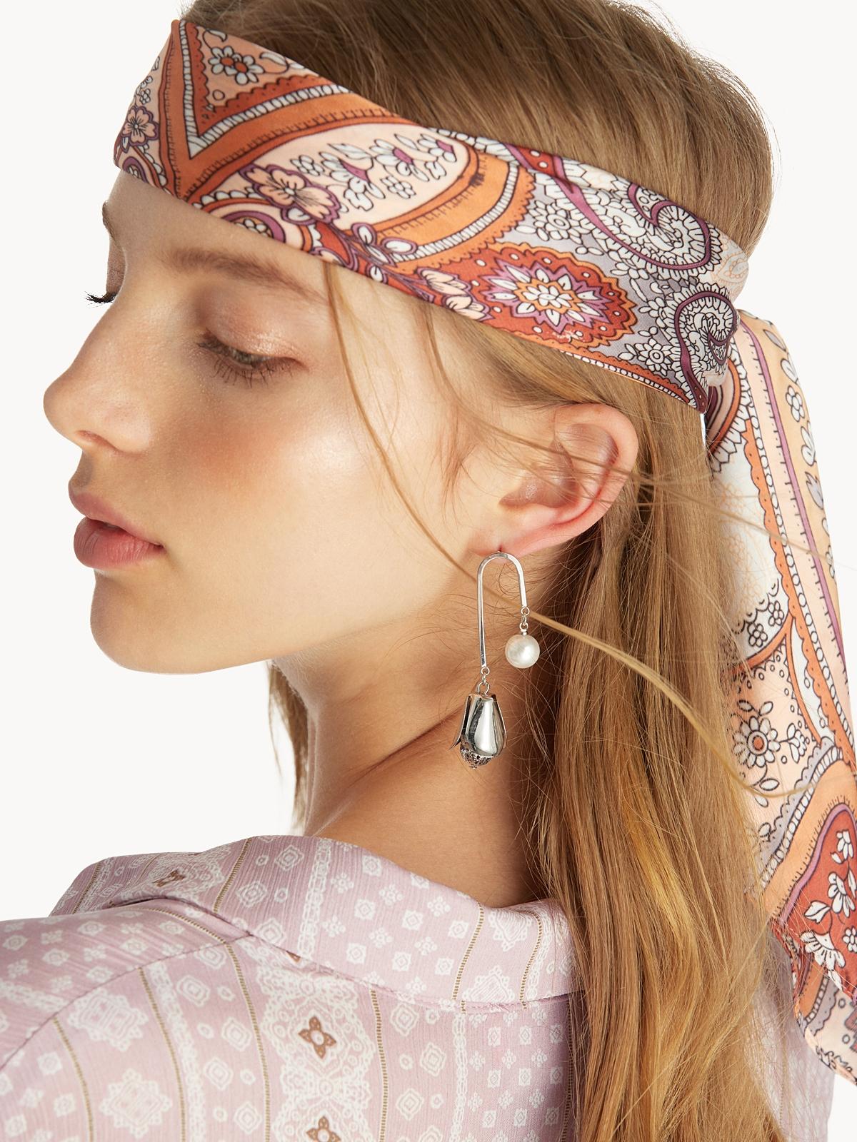 Flower Bud Pearl Drop Earrings - Silver