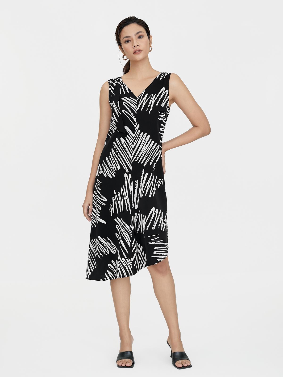 Scribble Print Asymmetric Dress - Black