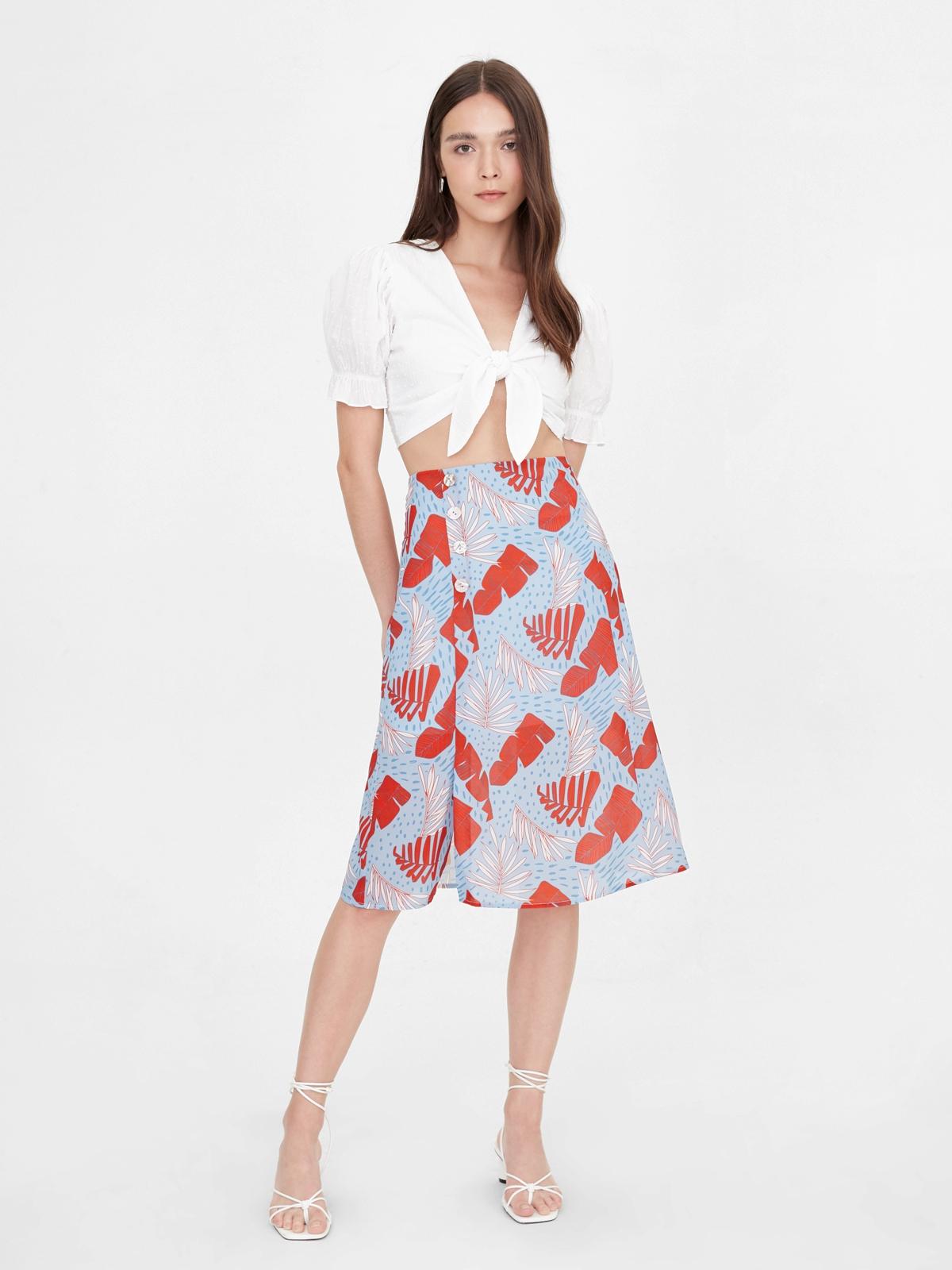 Side Button Up Leaf Print Skirt - Blue