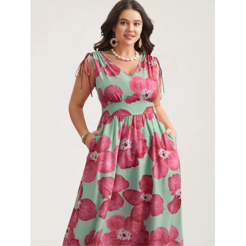 Floral Print V-Neck Tied Midi Dress