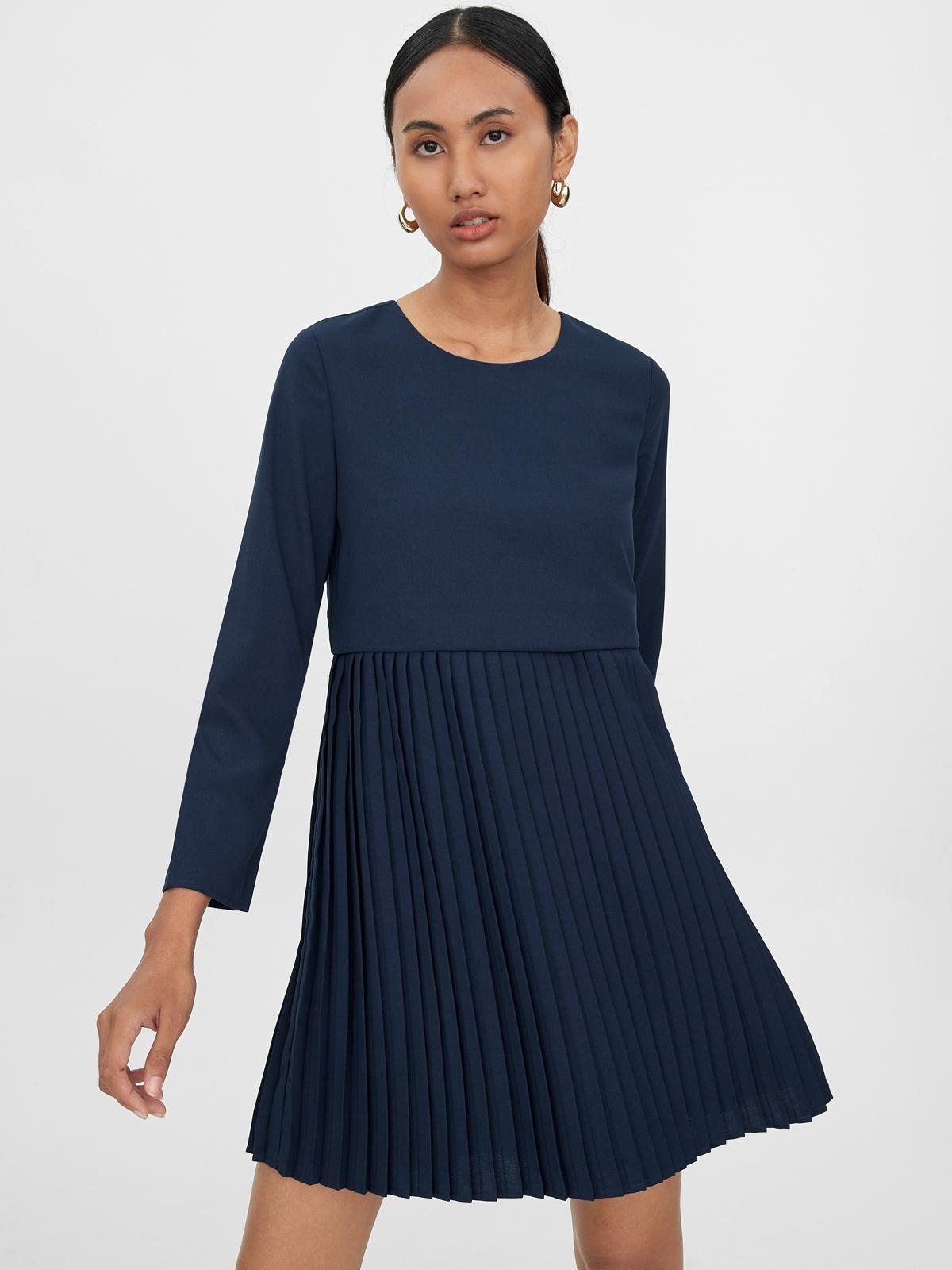 Long Sleeve Loose Pleated Dress - Navy