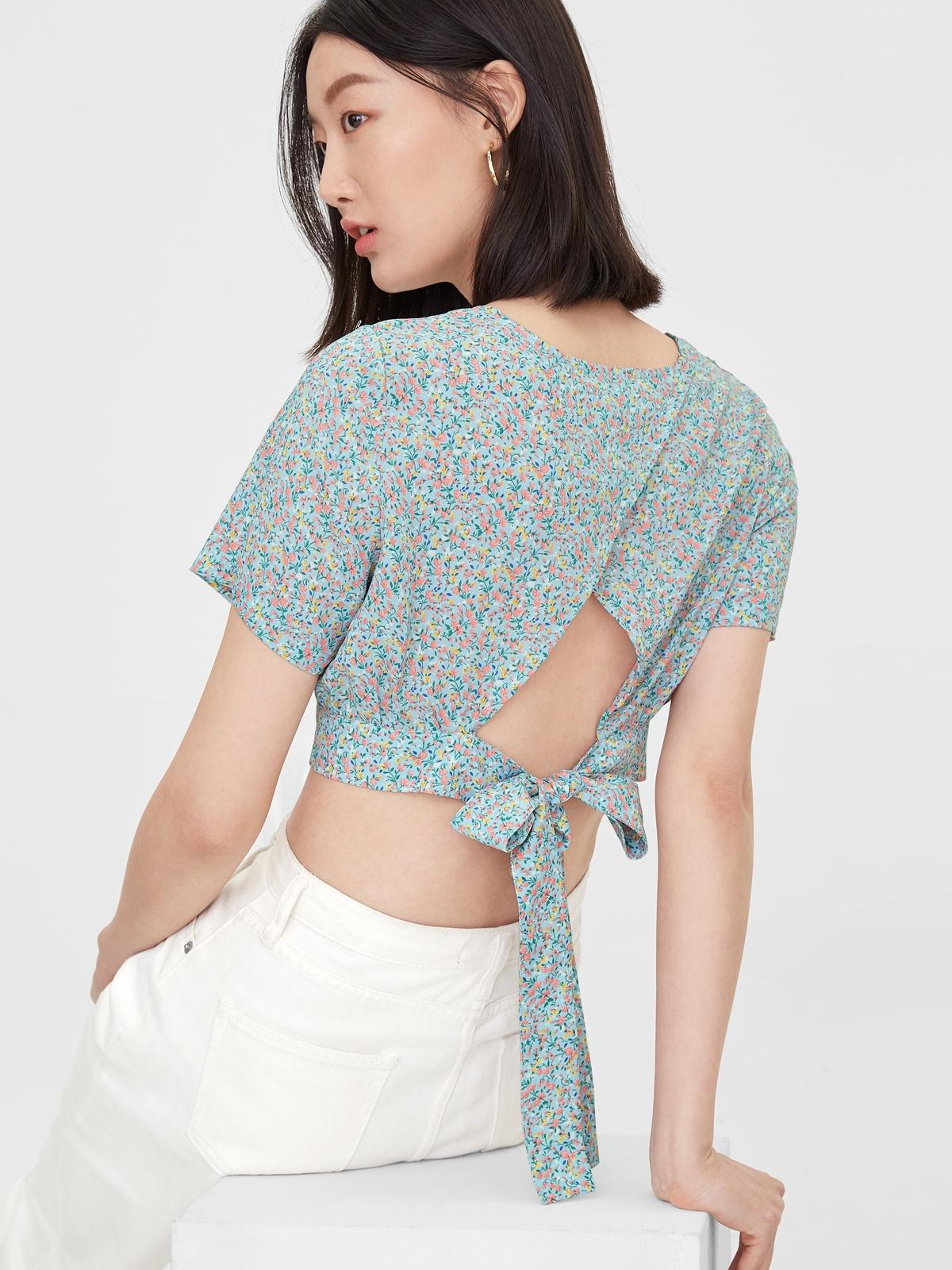 Tie Back Short Sleeves Crop Top - Blue