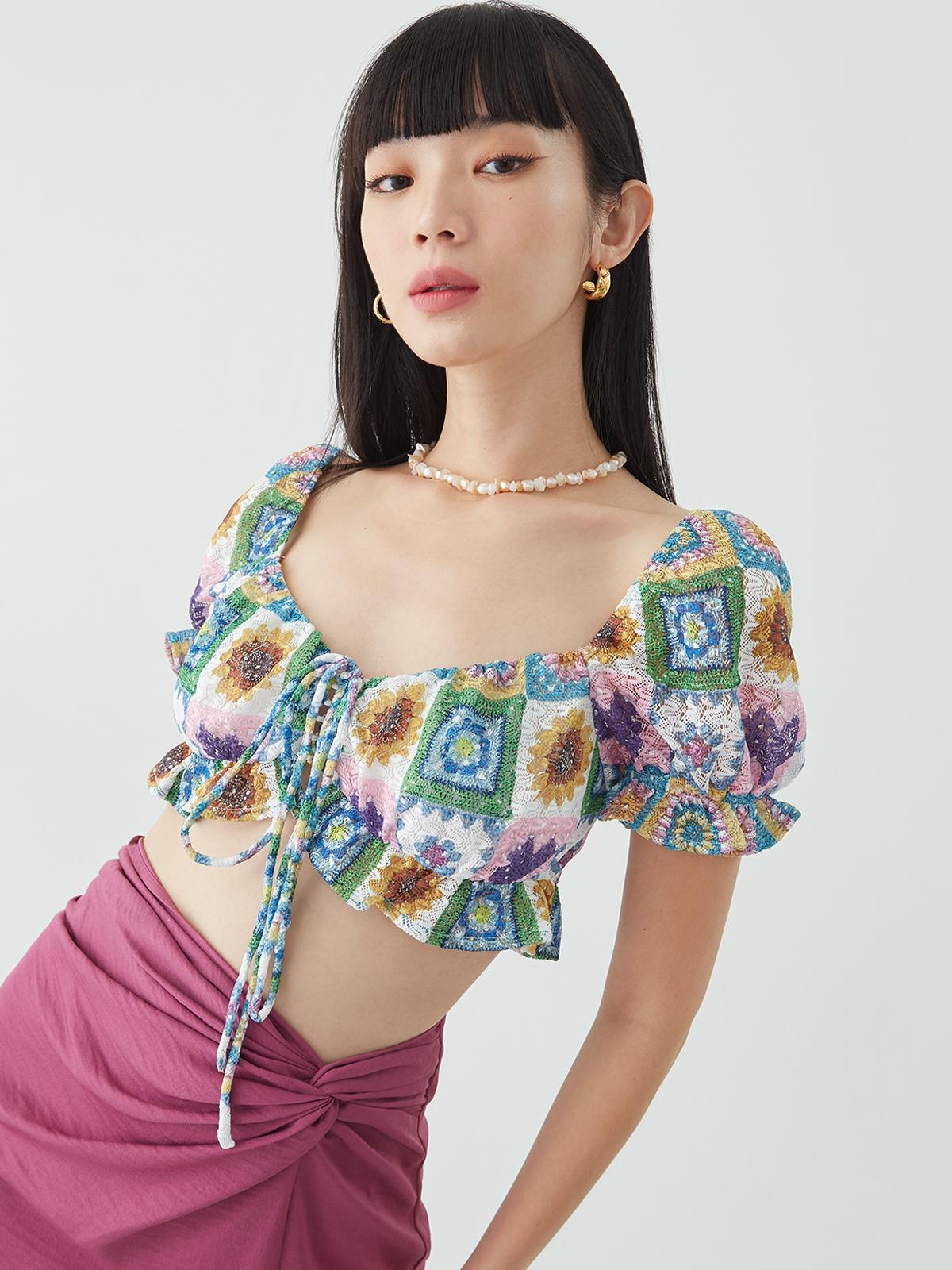Crochet Short Sleeve Blouse -  Multi Color Crochet Short Sleeve Blouse -  Multi Color