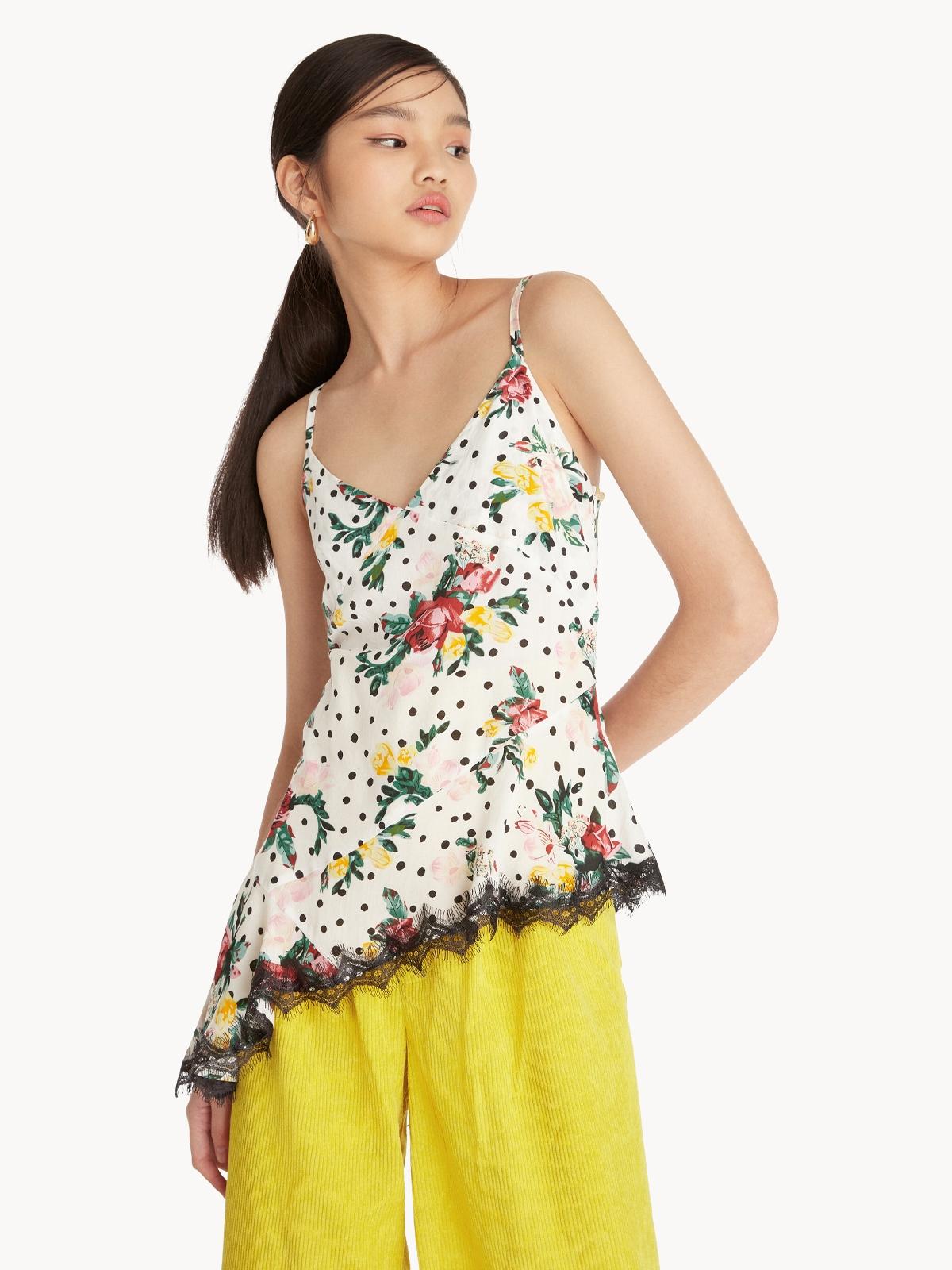 Asymmetrical Mixed Floral Print Cami Top - White