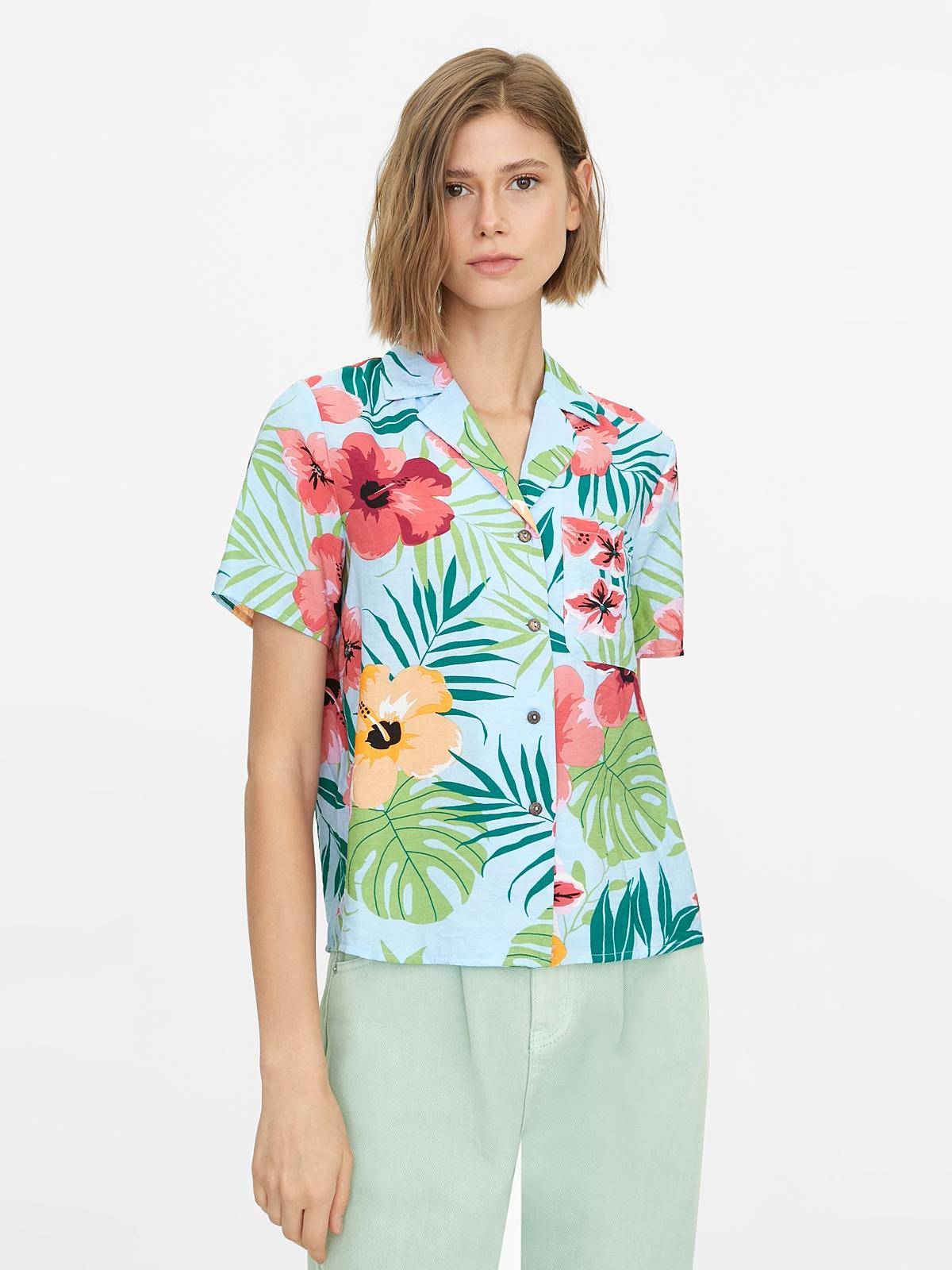 Tropical Print Buttoned Shirt - Blue