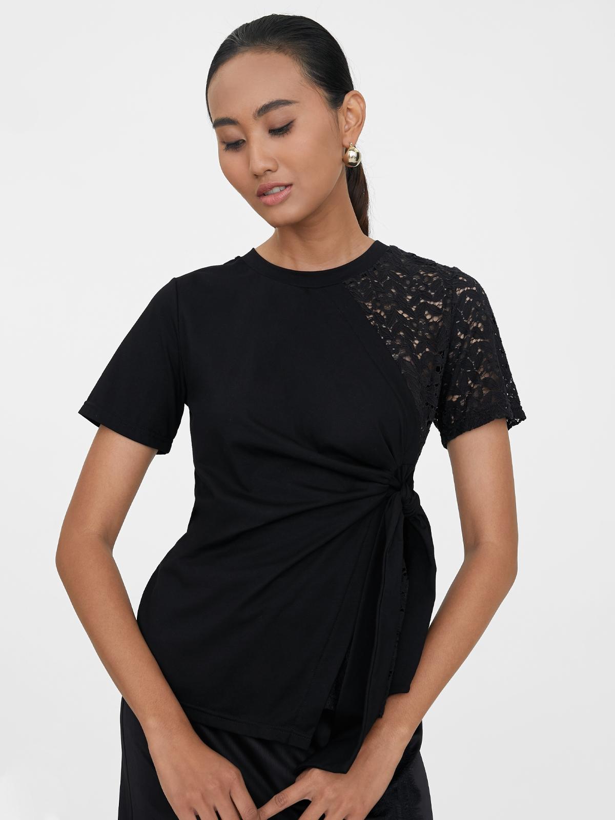 Half Lace Wrap Blouse - Black