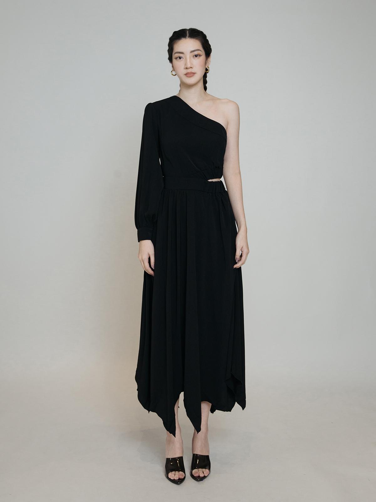 One-Shoulder Midi Dress - Black