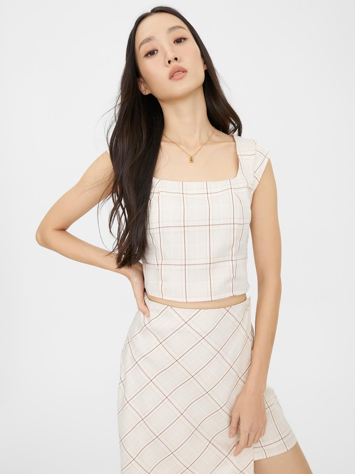 Square Neck Tartan Crop Top - Beige Square Neck Tartan Crop Top - Beige