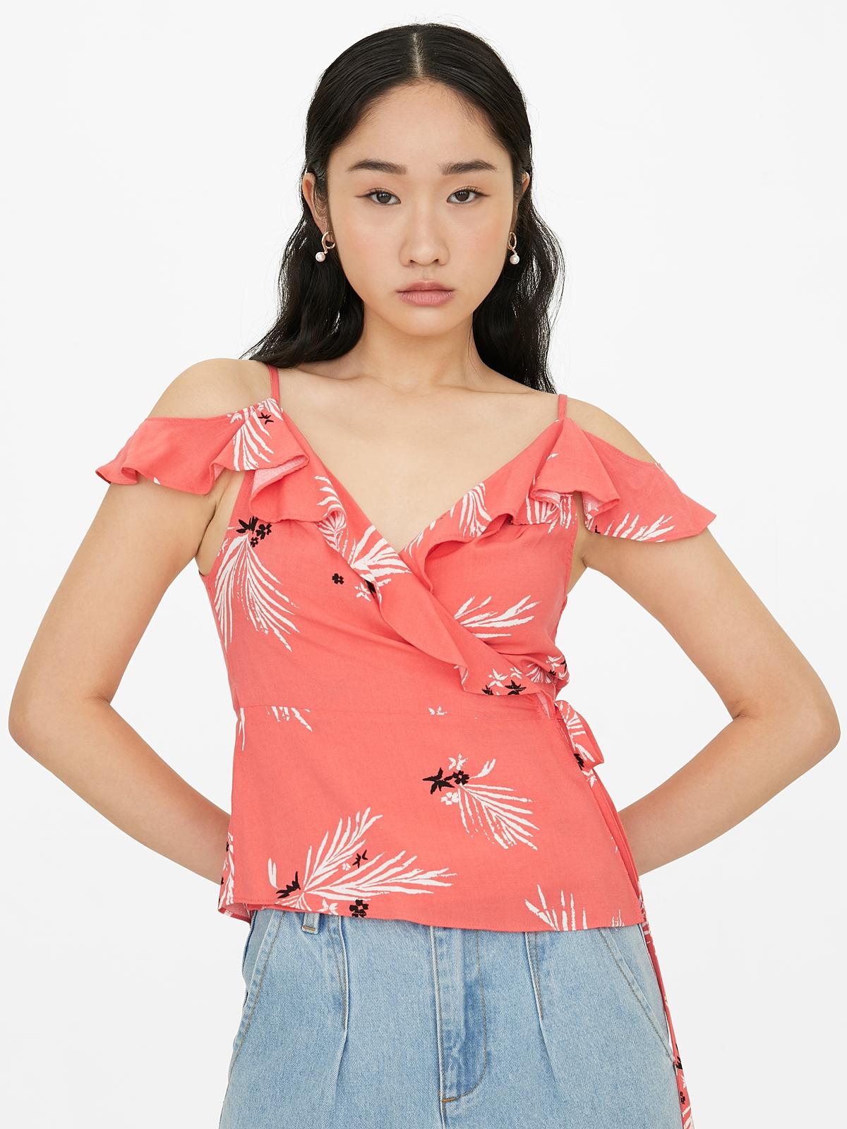 Floral Cold Shoulder Wrap Top - Red