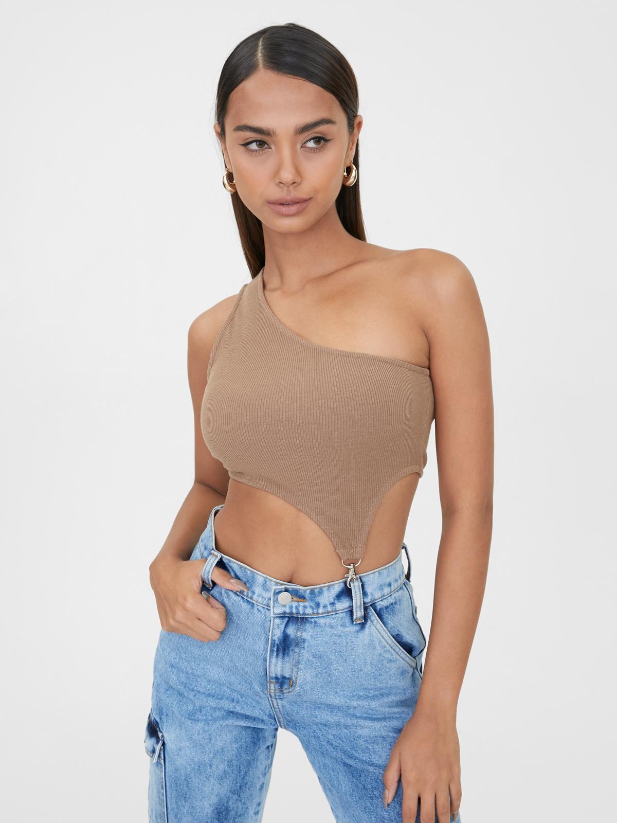One Shoulder Hook Crop Top - Brown