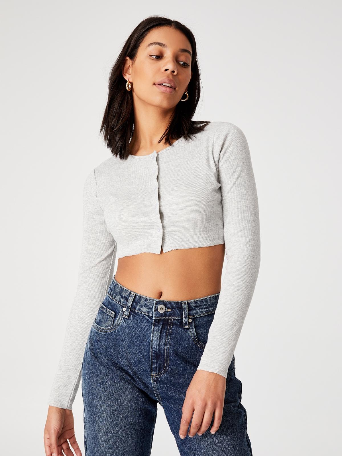 Cori Micro Cropped Cardigan - Light Grey Marle
