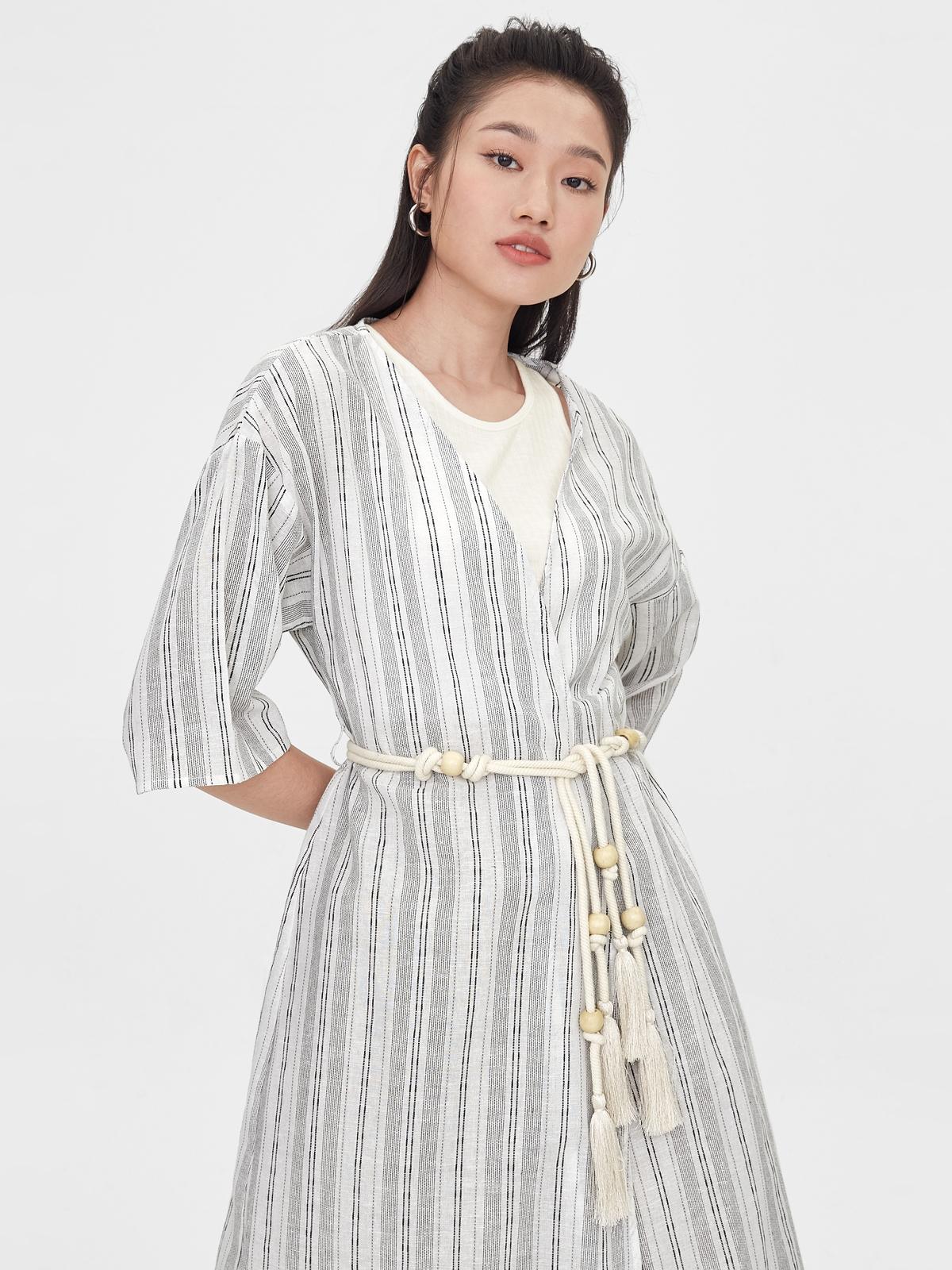 Rope Belt Striped Kimono - Black