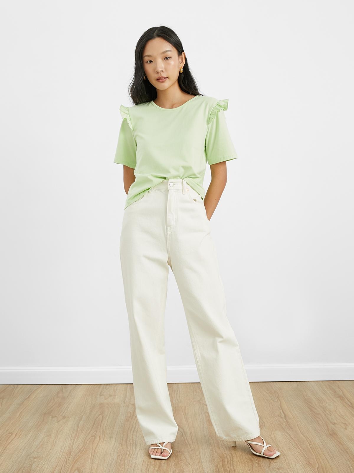 Flounced Shoulder Top - Green