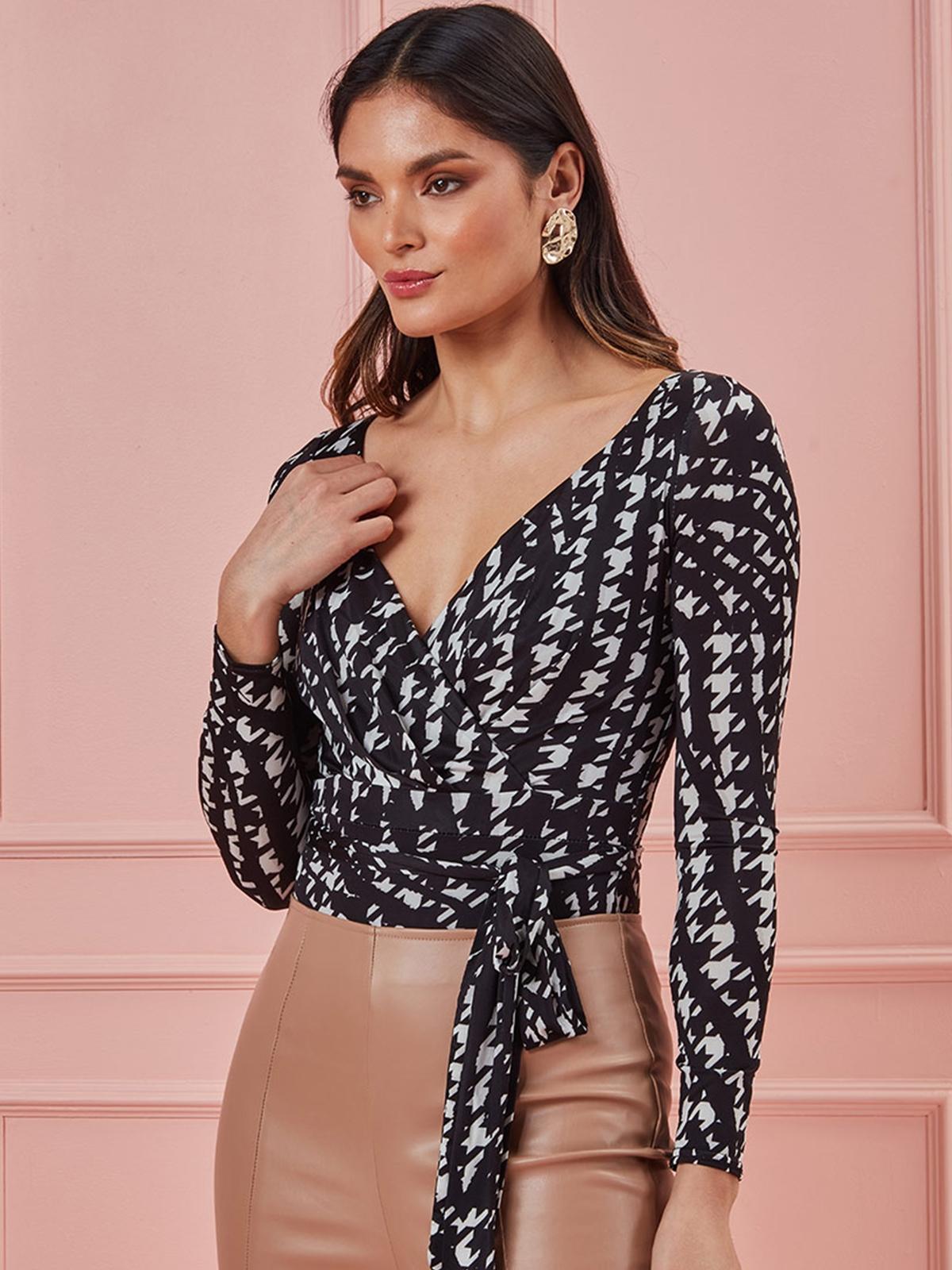 Monoprint Long Sleeve Wrap Bodysuit - Black