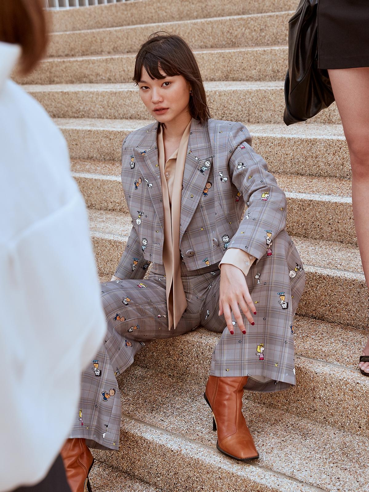 Plaid Graphic Print Pants - Mid Grey