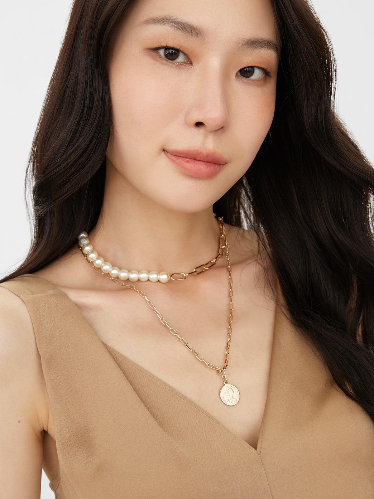 Pearl Accent Layered Necklace - Gold