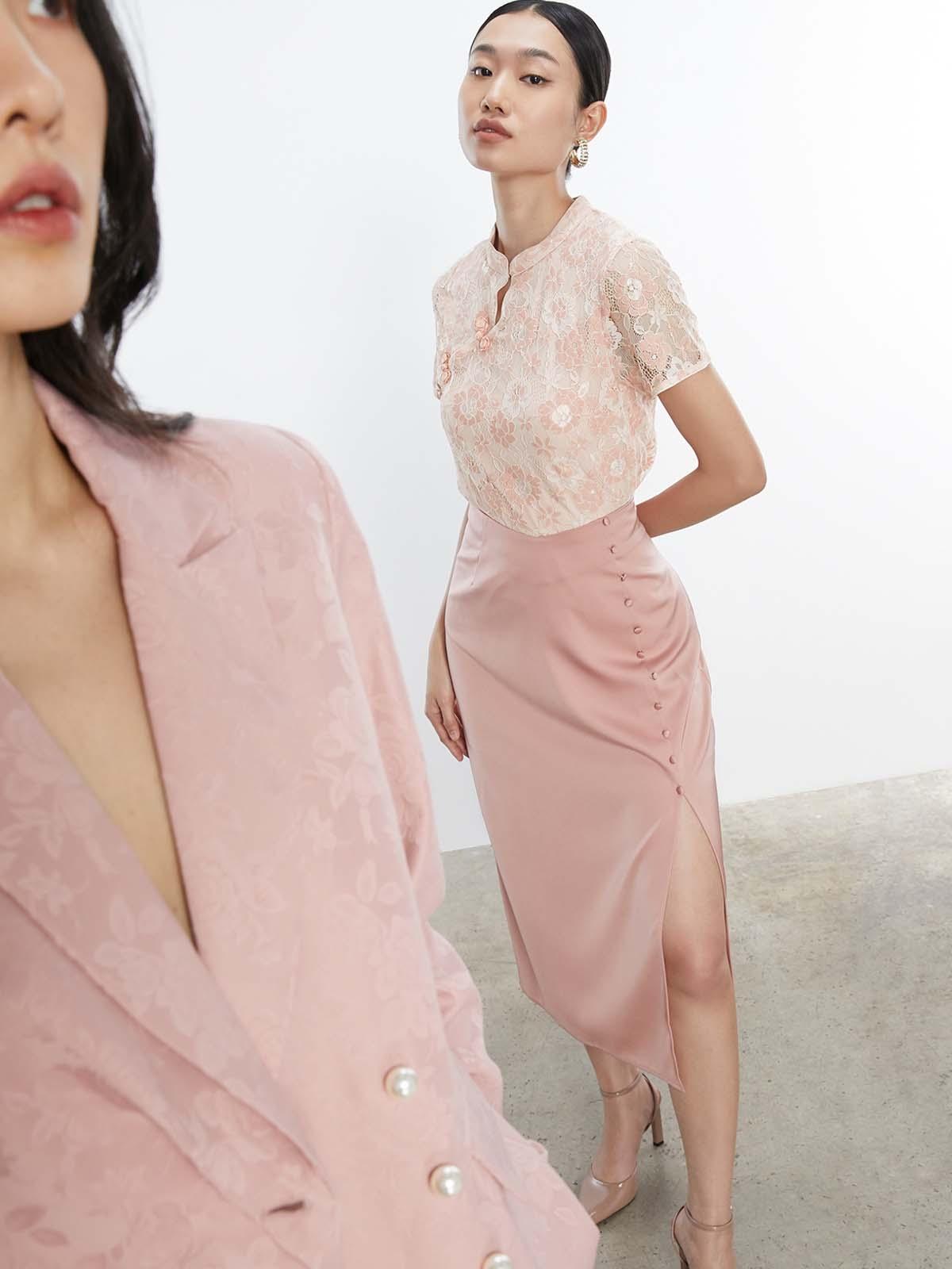 Cut Out Detail Mandarin Collar Crop Top - Pink