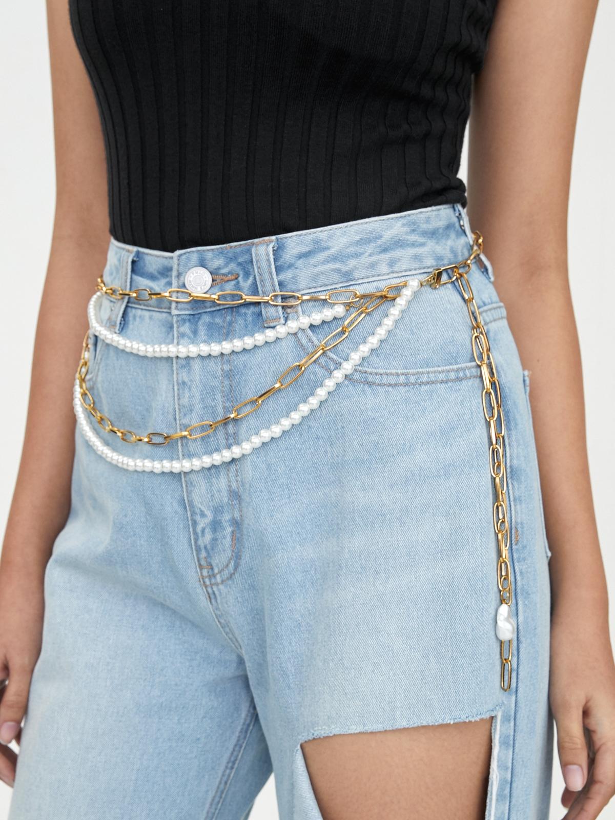 Layered Chain Faux Pearl Belt - Gold