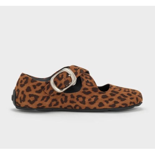 Faux Suede Leopard-Print Crossover-Strap Mary Janes - Animal Print Brown