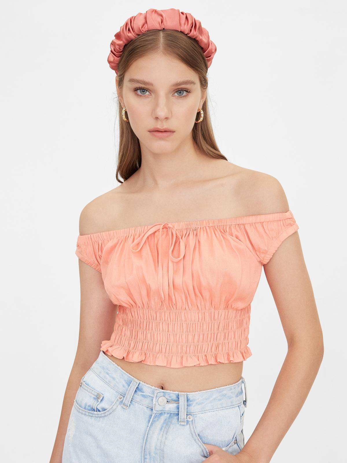 Off Shoulder Smock Crop Top - Pink