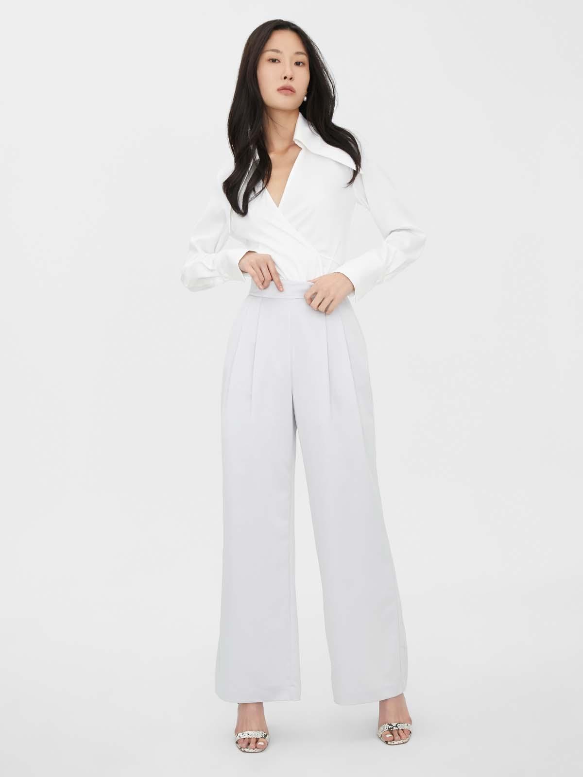 Semi-Pleated High Waist Pants - Light Grey