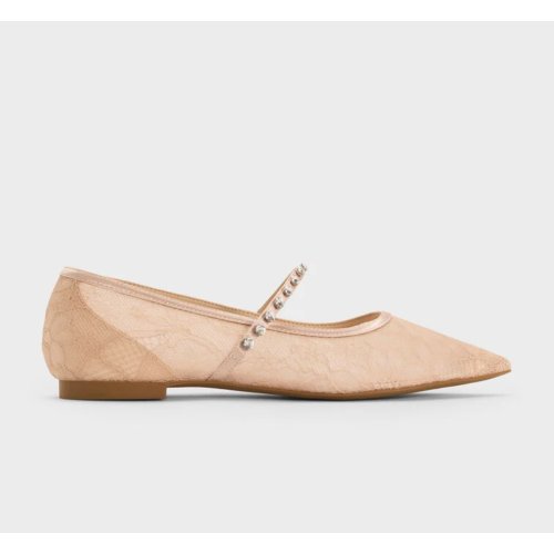  Lace & Satin Crystal Mary Jane Flats - Nude 