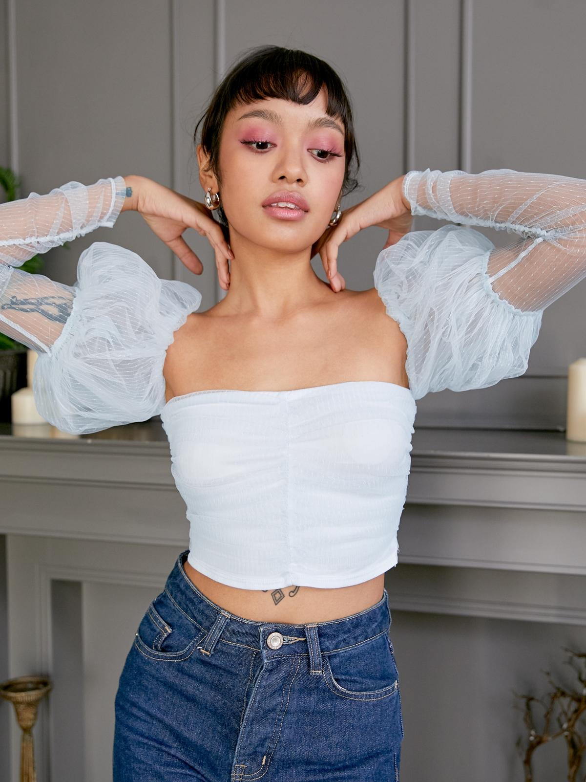 Sheer Mesh Puffed Sleeves Top - Baby Blue