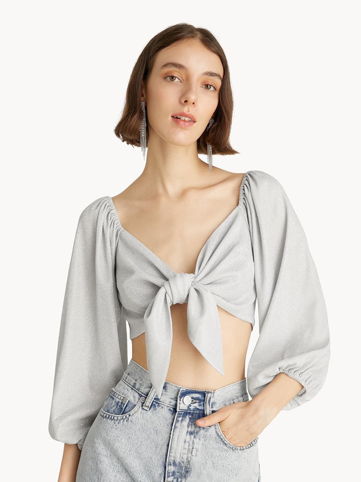 Glitter Front Tie Blouse - Light Grey