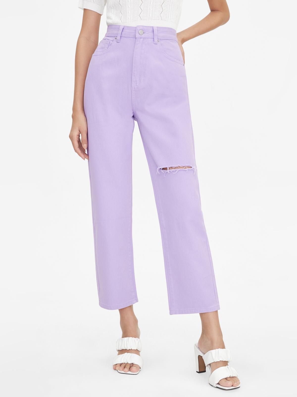 Single Ripped High Waist Denim Pants - Purple