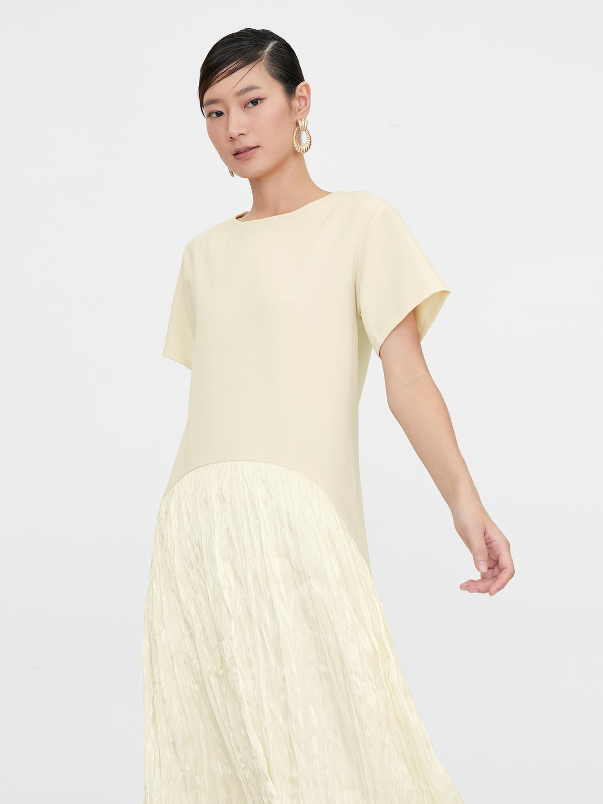 Semi Rustic Pleated Round Neck Dress - Cream
