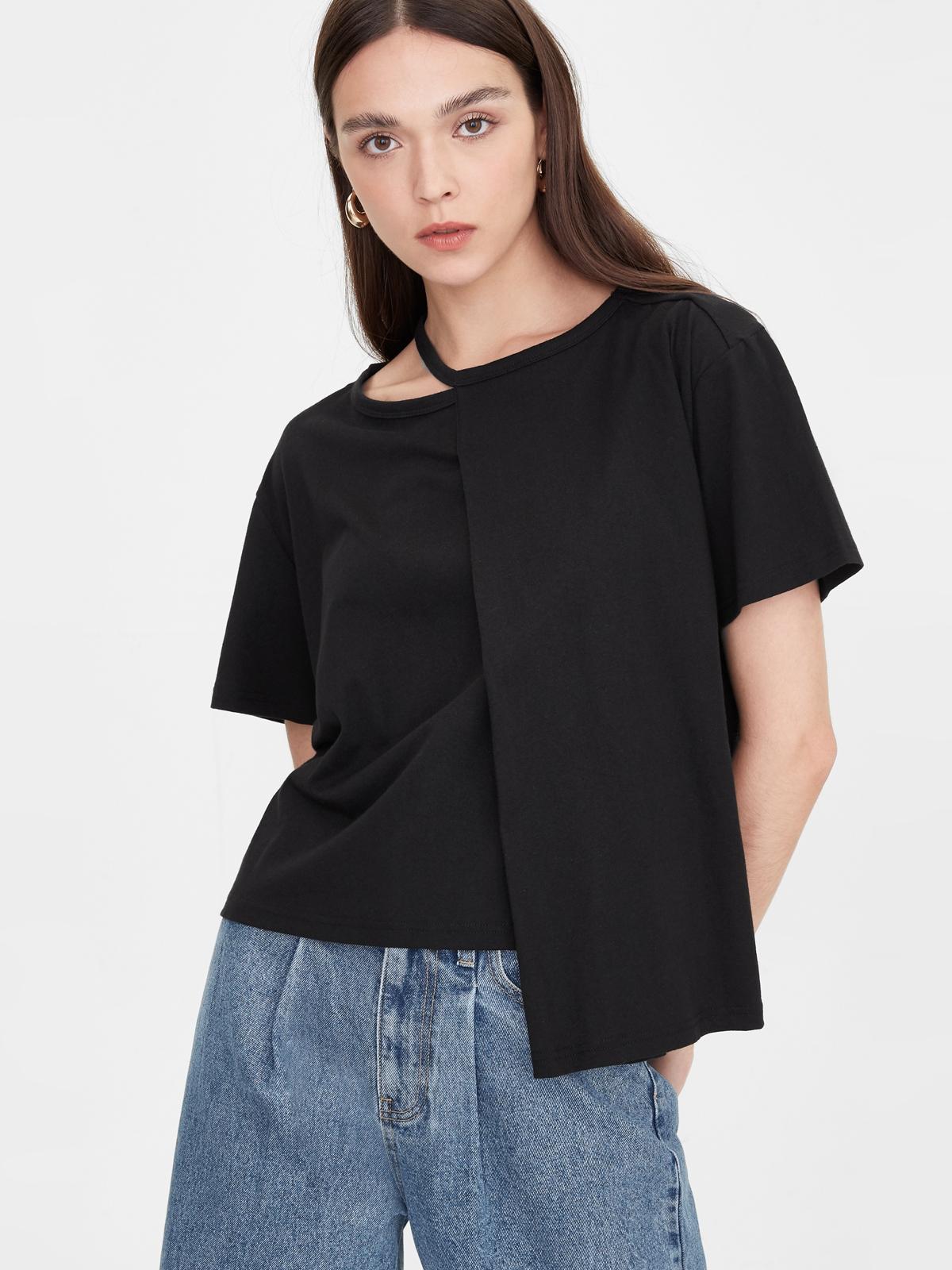 Neck Cut Out Asymmetrical Tee - Black