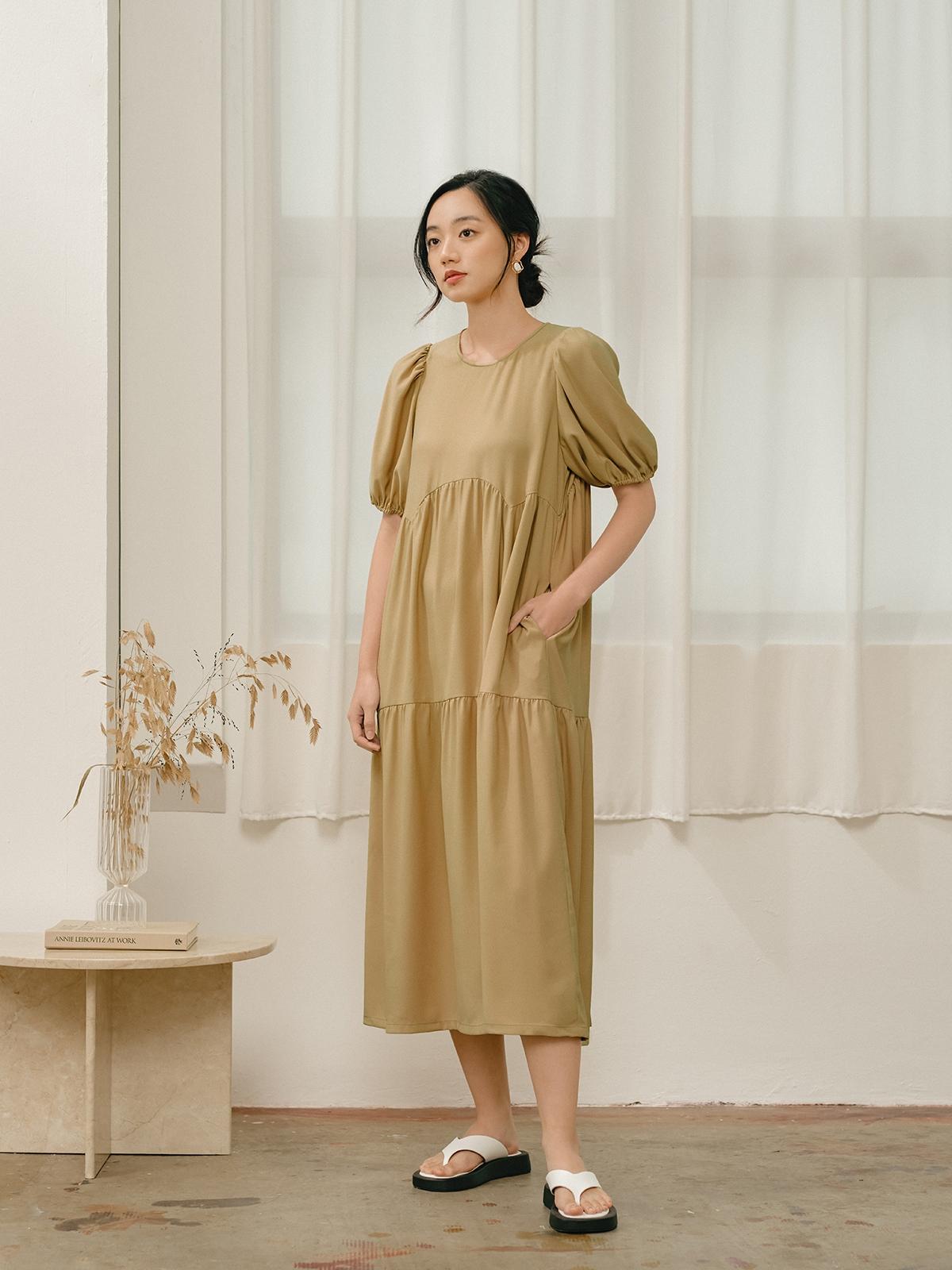 Puffed Sleeve Long Dress - Beige