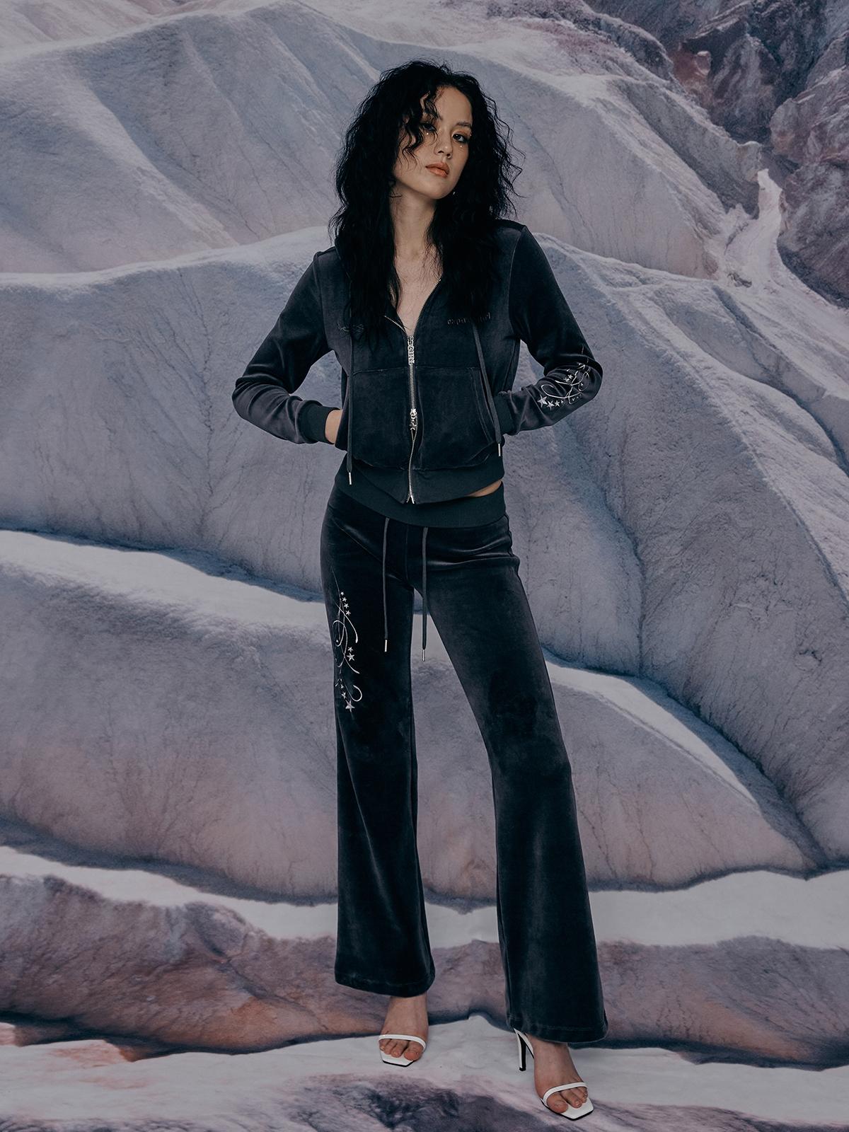 Star Velvet Track Pants - Charcoal