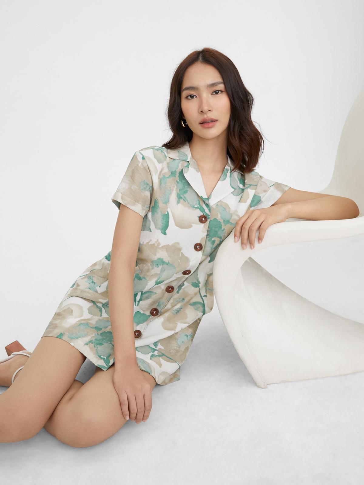 Button Up Flower Print Dress - Green
