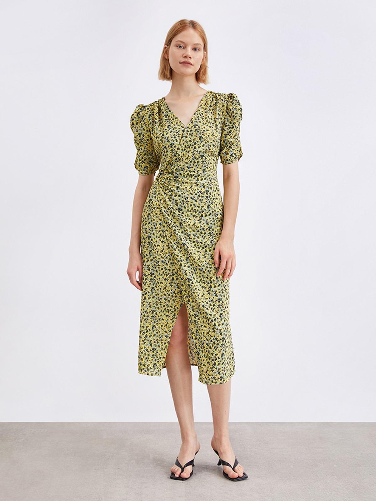 Front Wrap Midi Dress - Yellow