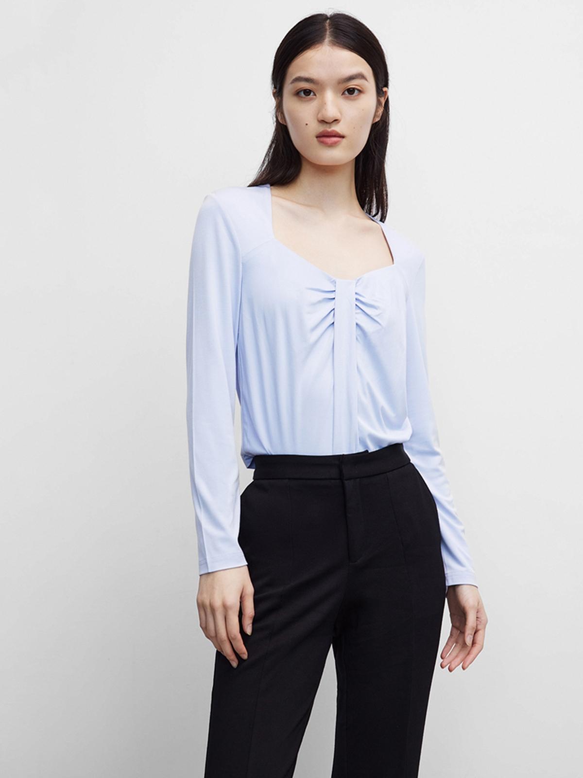 Long Sleeve Square Neck Blouses - Light Blue