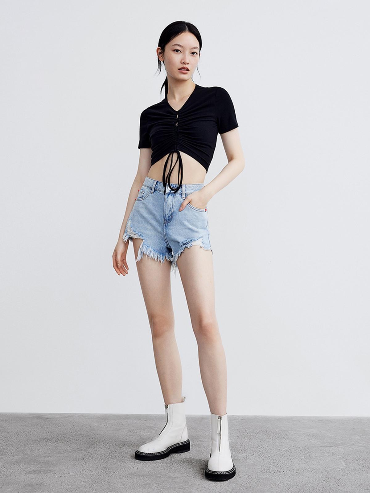 Ribbed Denim Shorts - Light Blue