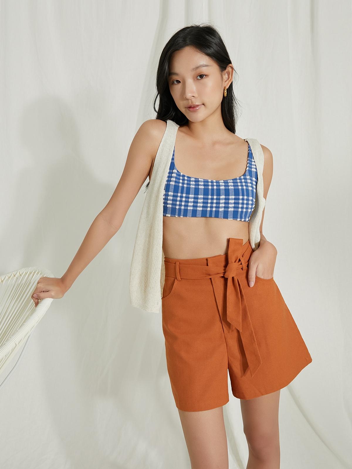 High Waisted Front Tie Shorts - Brown